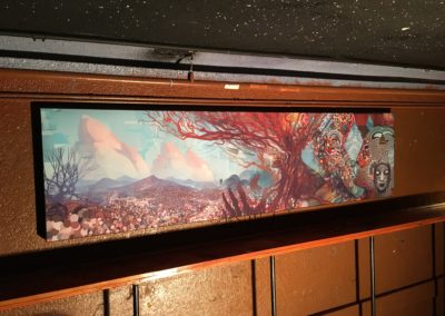 Sublimated artwork fabric acoustic treatment panel hung in Cervantes Masterpiece ballroom venue upper bar