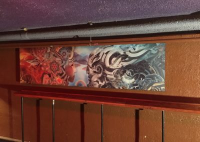 Sublimated artwork fabric acoustic treatment stretched fabric panel hung in Cervantes Masterpiece ballroom venue upper bar