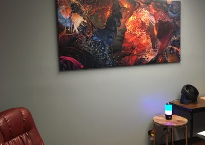 Sublimated artwork fabric acoustic treatment stretched fabric panel hung in Cervantes Masterpiece ballroom venue office artwork interior