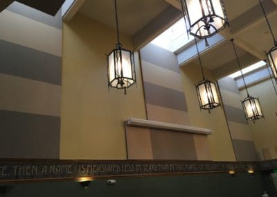 Catus Club Denver restaurant Interior large wall Detail with brown and tan coffee and cream acoustic treatment stretched fabric baffles
