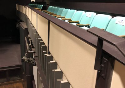 Washington's Fort Collins Venue Interior Detail showing cream white beige acoustic treatment stretched fabric panels on balcony