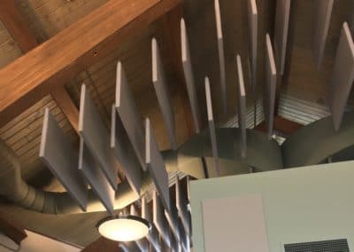 Acoustic ceiling baffle treatment hung on a frame light stretched fabric