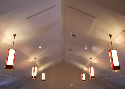 BVUUF Acoustic Stretch fabric and track ceiling with white fabric